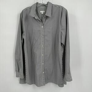 J Jill Womens Button Up Top Size L Gray‎ White Striped Coastal Nautical Timeless